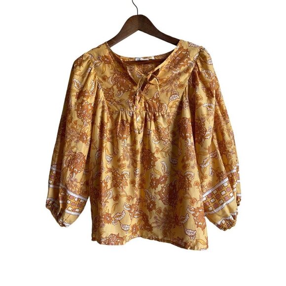 C&C California Mustard Yellow Floral 100% Cotton Peasant Top Tie Neck Size Large - Picture 1 of 12